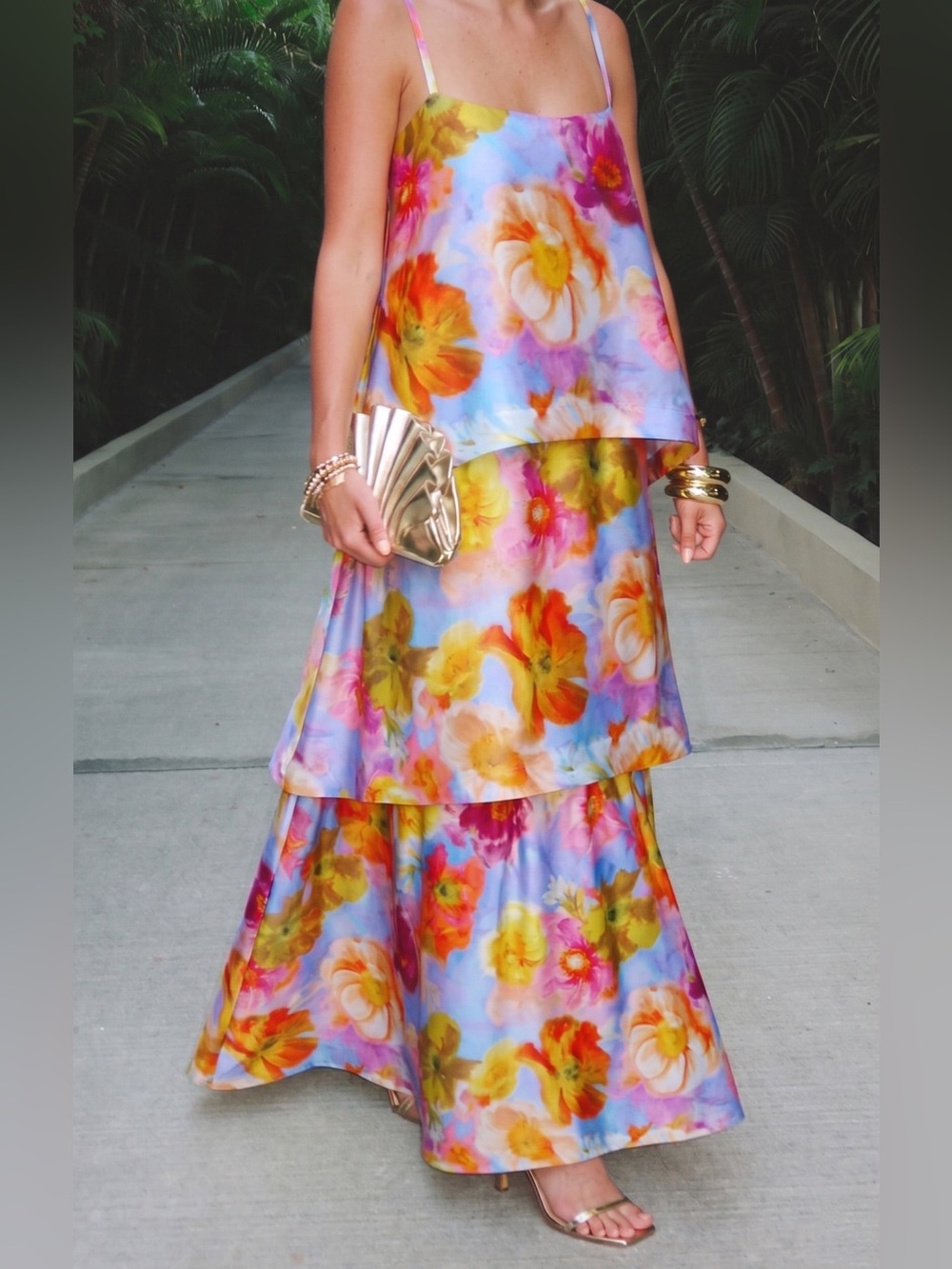 Show Me Your Mumu Ella Maxi Dress size Large L Brushed Blooms Floral tiered NWT